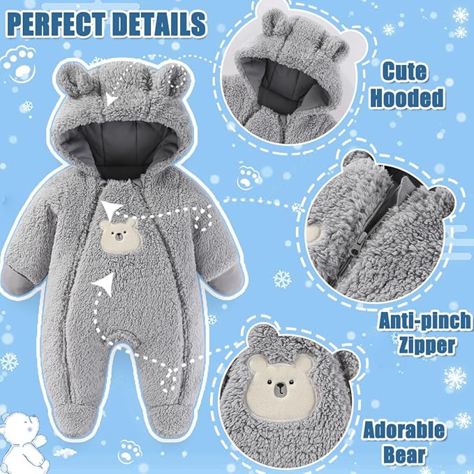 Fairy Baby Newborn Baby Winter Snowsuit Bear Thick Romper Footie Double Zip Hooded Jumpsuit Fleece Coat Infant Boy Girl 0-12M