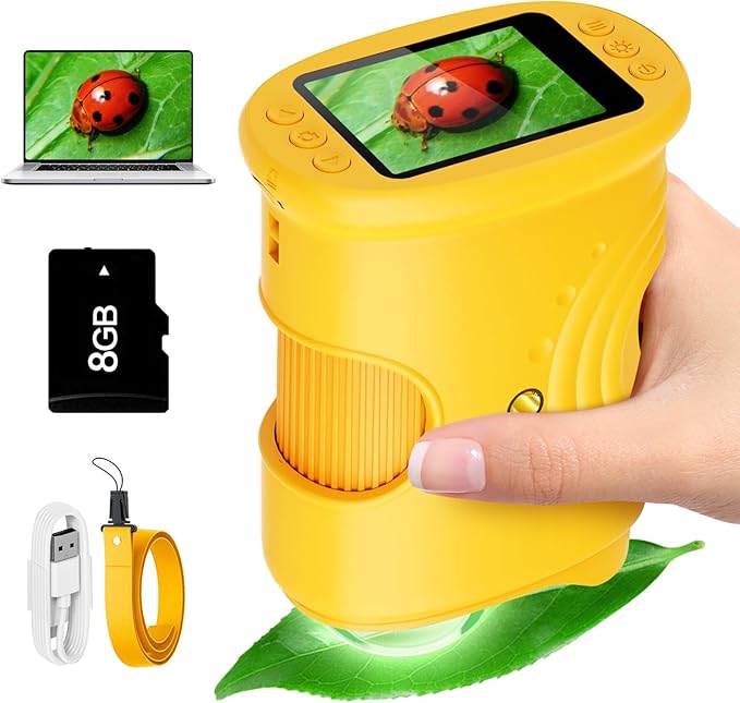 Microscope for Kids 1000X Digital, Handheld Kids Microscope HD Screen Video Record, Portable Miniscope STEM Toys, Birthday Gifts for 3 4 5 6 7 8-12 Year Old Boys Girls, 8GB TF Card Included