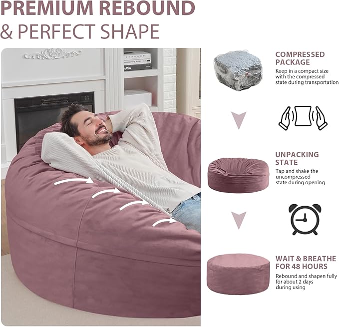 6FT Bean Bag Chair, Large Bean Bag Chairs with Memory Foam Filled, Fluffy Beanbag Sofa with Dutch Velvet Cover, Round BeanBag Chairs for Living Room, Playroom - Dusty Pink