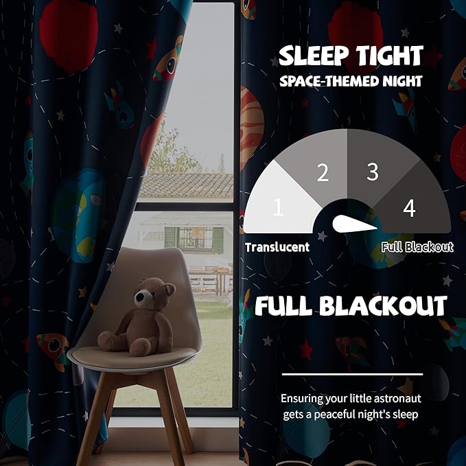 Kids Space Themed Blackout Curtains - 100% Blackout Perfect for Kids Room, Spark Kids Imagination with Vibrant Cosmos Designs, Noise Reduction, Thermal Insulated, (2 Panels W52×L96)