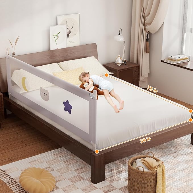 omzer Bed Rail for Toddlers - Toddler Bed Rails with Double Child Lock - Bed Rail for Baby Kids with Pattern - Height Adjustment Guard Rails for Twin Size Bed - 3 Pack, 39x75x75”
