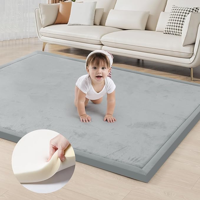 ACOMOPACK Baby Play Mat for Floor 1.3" Thick Memory Foam Play Mat 71"×79" Tummy Time Crawling with Non-Slip Bottom for Living Room,Nursery,Soft Velvet Playpen Mats for Kids,Infants（Light Grey）