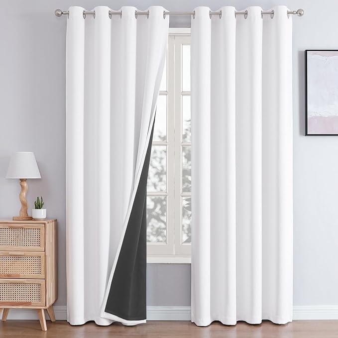 ChrisDowa White 100% Blackout Curtains for Bedroom with Black Liner, 2 Thick Layers Total Blackout Thermal Insulated Grommet Window Curtains 2 Panels Set (Pure White, 52 x 72 Inch)