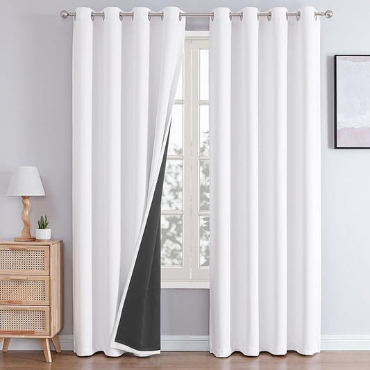 ChrisDowa White 100% Blackout Curtains 120 inch Long for Bedroom with Black Liner, 2 Thick Layers Total Blackout Thermal Insulated Grommet Long Curtains 2 Panels Set (Pure White, 52 x 120 Inch)