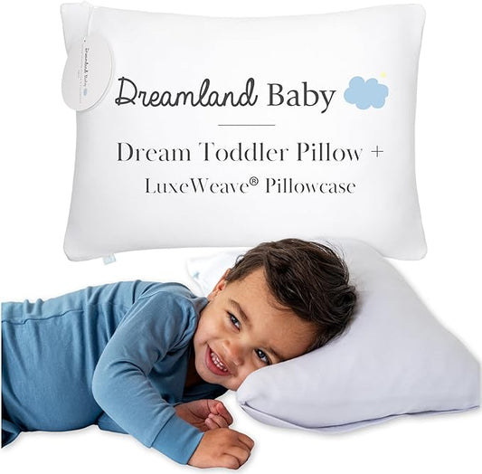 Dreamland Baby Premium Toddler Pillow and White Pillowcase, 13 x 18. Machine Washable, Ergonomic Kids Pillow + Ultra Soft Viscose Pillowcase. Mom-Owned US Business, Premium Materials