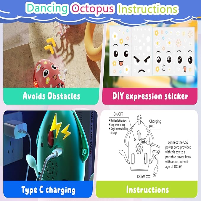 Dancing Octopus Toy Electric Crawling Baby Toy with Lights & Music Tummy Time Octopus Toy | DIY Expressions, Obstacle Avoidance | for Boys and Girls Party Gift Birthday, Christmas (Yellow)