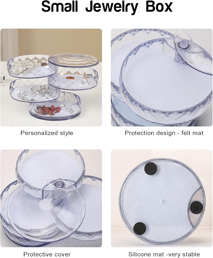CONBOLA Acrylic Jewelry Organizer, Small Storage Box Jewelry Earring Holder for Women, 5-Layer Rotating Travel Jewelry Tray Case with Lid for Bracelet