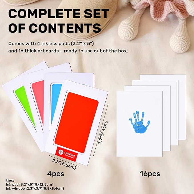 4-Pack Inkless Baby Hand and Footprint Kit with Mess-Free Ink Pad – Baby Safe Ink Pad for Hand, Foot & Paw Prints – Newborn Footprint & Paw Print Kit for Dogs and Cats – 16 Cards(Candy)