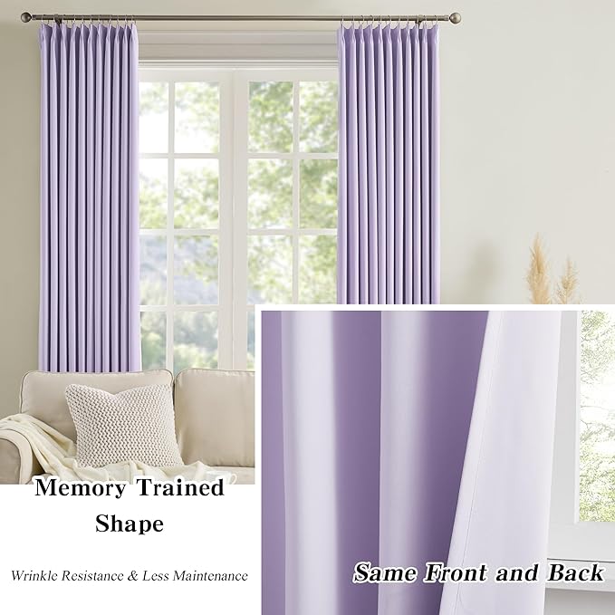 KEQIAOSUOCAI Lilac Blackout Curtain Drapes Pleated with Hooks,Thermal Insulated Solid Drapes Light Blocking Window Treatment for Bedroom Living Room(Lavender, 2 Panels, W40 x L102)