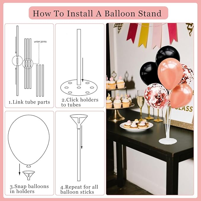 Rose Gold Black Birthday Decorations for Girls Women - 54pcs Happy Birthday Banner, Crown Sash, Cake Topper, Confetti balloons, 3D Butterflies Decor, 4 Balloon Stands kits
