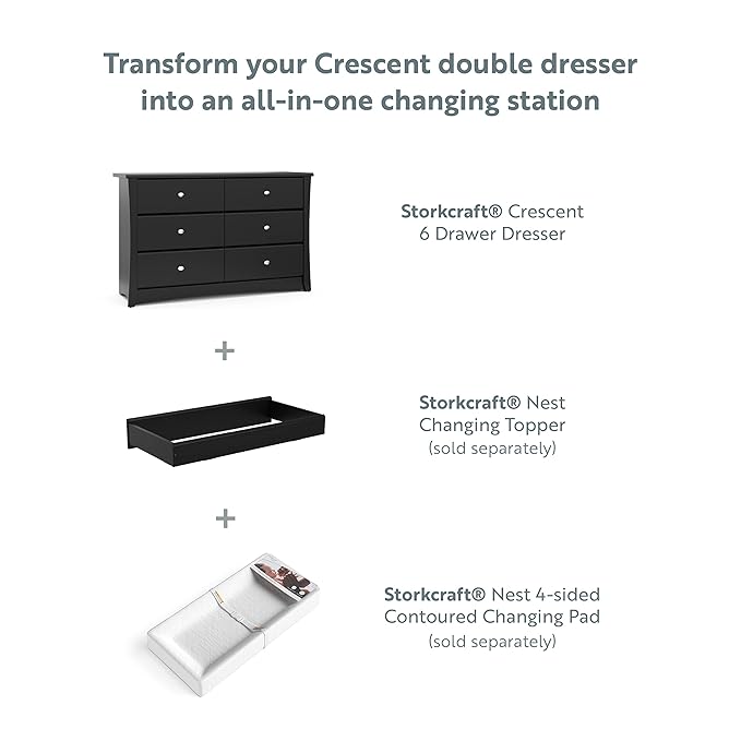 Storkcraft Crescent 6 Drawer Bedroom Dresser (Black) – GREENGUARD Gold Certified, Nursery Dresser for Kids Bedroom