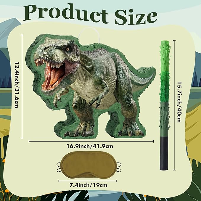 WERNNSAI Dinosaur Piñata - Jungle Dinosaur Piñata Bundle with Blindfold and Bat for Kids Boys Jungle Dinosaur World Birthday Party Decorations Family Games Dino Theme Party Supplies