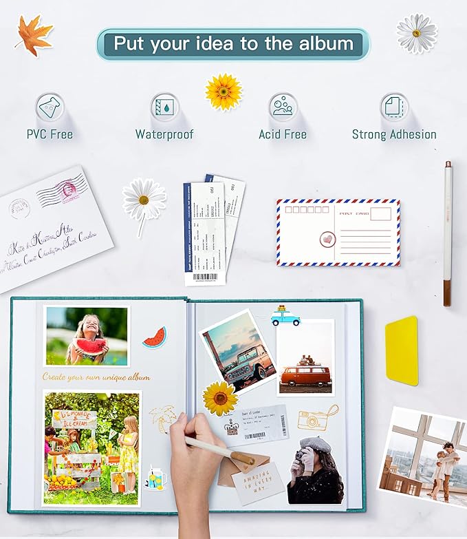 popotop Photo Album Self Adhesive with Picture Display Window,60 Pages DIY Scrapbooking Supplies Kit for 4x6 8x10 Picture,Linen Cover Memory Book for Baby Wedding, with Scraper and Metallic Pen