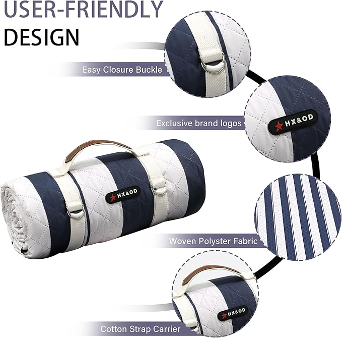 HX&OD Outdoor Picnic Blanket Extra Large, 80''*60'' Waterproof Picnic Mat with Stakes Foldable Camping Blanket Portable with Carry Strap for Beach Mat (Green& White, 80''*60'')