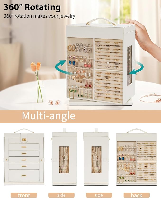 AKOZLIN Jewelry Box 6-Tier Organizer Functional 360° Rotating Jewelry Storage Case for Women Girls Ring Necklace Earring Bracelet Holder with Mirror