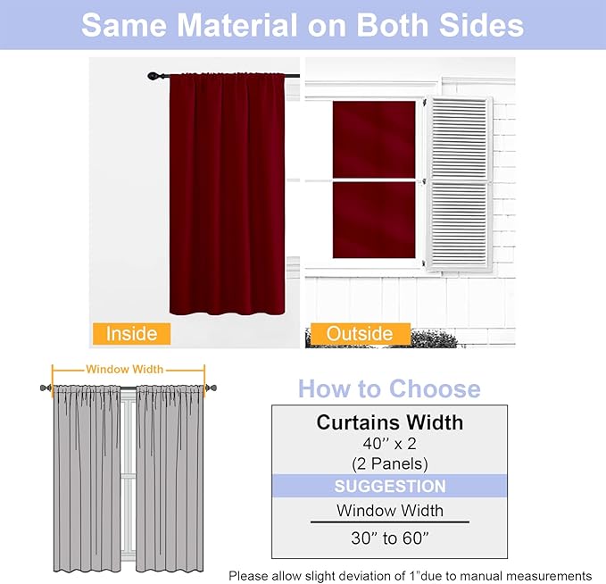 Simplebrand Ava Red Short 36 Inches Blackout Curtain 2 Panels Set, Half Window Rod Pocket Privacy Curtain Tiers for Kitchen, Curtains Blackout for Bathroom Shades, W40 x L36 Inch, Red