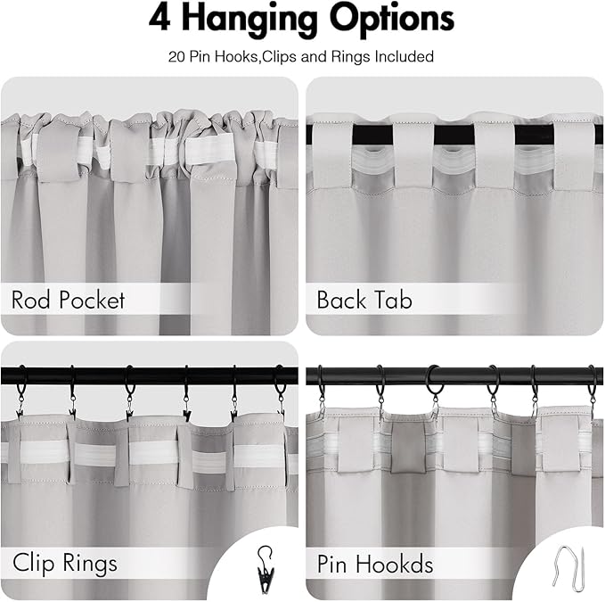 ANRODUO Back Tab Blackout Curtains for Bedroom Living Room, Rod Pocket Pinch Pleated Thermal Insulated Room Darkening Curtains 90 Inches Long 2 Panels, Greyish White, 42 x 90 Inch