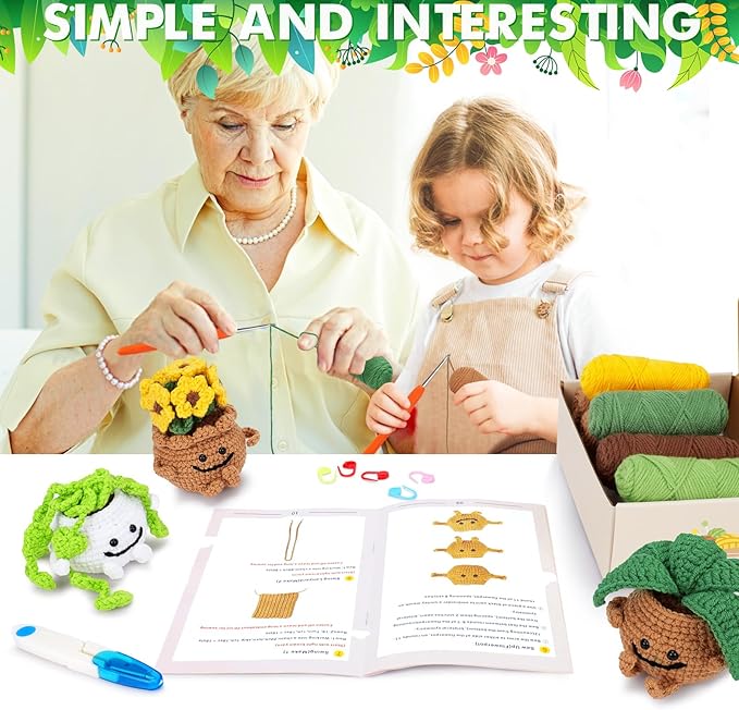 Crochet Kit for Beginners - 3 PCS Potted Plants Crochet Kit with Step-by-Step Video Tutorials, Beginner Crochet Kits for Adults Kids, Potted Plant with Swing Crocheting Set