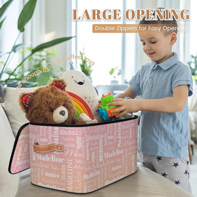 Custom Storage Basket with Name, Personalized Storage Bins with Zipper Lid, Foldable Fabric Storage Box Large capacity with Handle Pink Orange