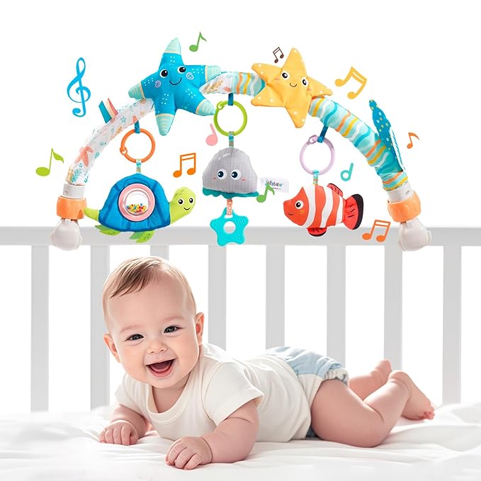 Jollybaby Musical Bassinet Stroller Crib Mobile Toy for Baby 0-6-12 Months, Infant Clip On Arch Hanging Toy with Music, Montessori Sensory Nursery Mobiles Attachment Toy for Newborn Gift - Starfish