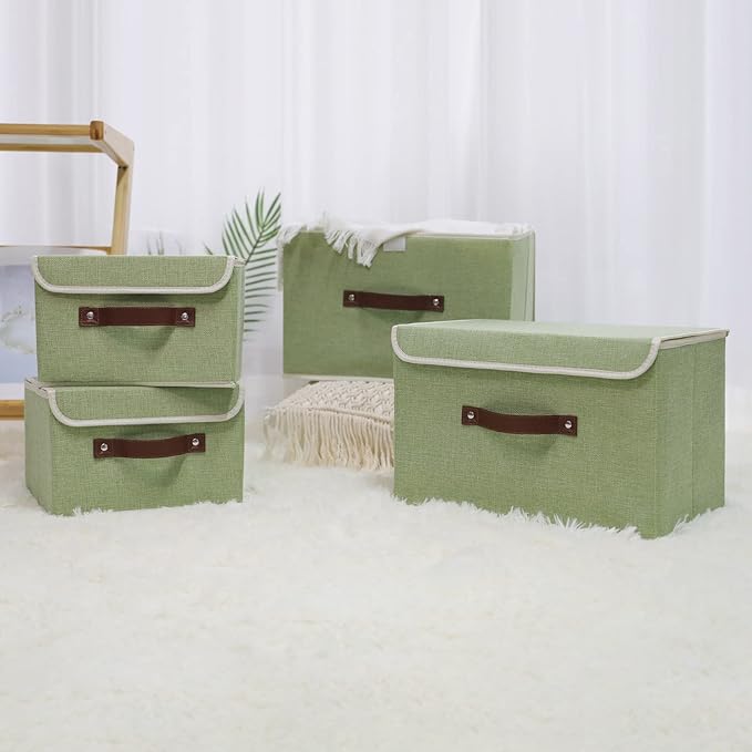 ANMINY 2PCS Storage Bins with Lid PU Leather Handles Storage Boxes PP Plastic Board Decorative Foldable Lidded Cotton Linen Fabric Home Cubes Baskets Closet Organizer Containers - Green, Large Size
