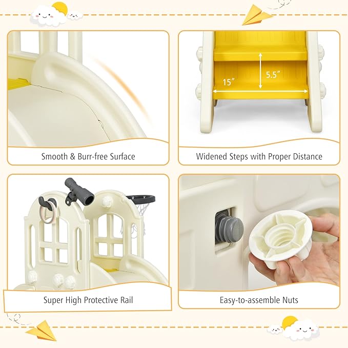 BABY JOY Toddler Large Slide, 6 in 1 Slide for Kids with Basketball Hoop, Ring Toss, 2 in 1 Convertible Climbing Way, Freestanding Kids Slide Climber Set for Indoors Outdoor Boys Girls Gifts Present