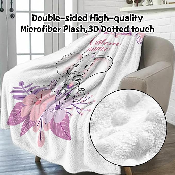 Custom Nursery Crib Bedding Set: Personalized Name 4 Piece Purple Flower Elephant Design Baby Crib Sets for Girls - Toddler Double Layer Blanket Set, Comfortable Crib Bed Sheets for Baby Toddlers