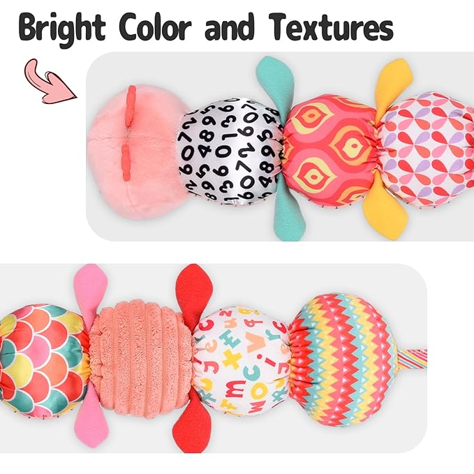 Infant Baby Musical Stuffed Animal Activity Soft Toys with Multi-Sensory Crinkle, Rattle and Textures for 0-3-6-12 Months Developmental Toys, Caterpillar, Pink