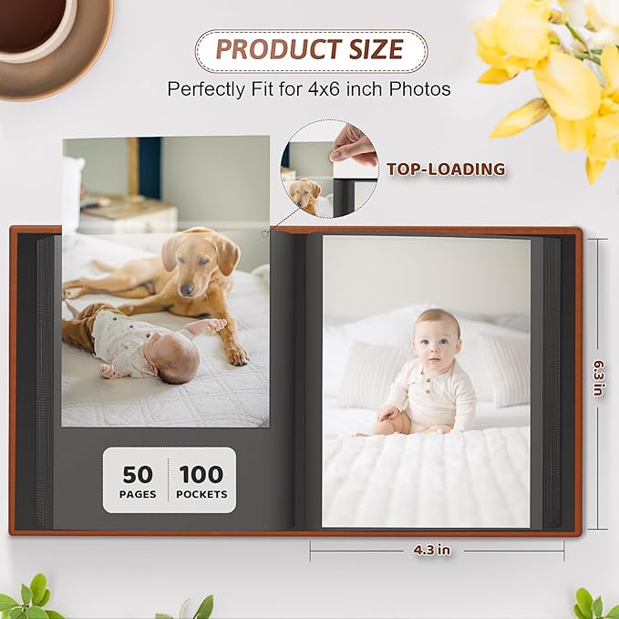 Popotop Photo Album 4x6 100 Pockets with Leather Hardcover Cover, Small Photo Album Holder Book with 50Pcs Pages for Family Travel Wedding Baby Gifts