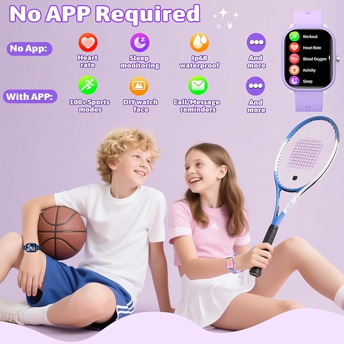Smart Watch for Kids Girls Boys No APP/Phone Needed, 1.8" IP68 Waterproof Sport Kids Watch Pedometer, Heart Rate, Sleep Monitor, Step Counter, 12 Puzzle Games for Girls Boys Teens 6-16