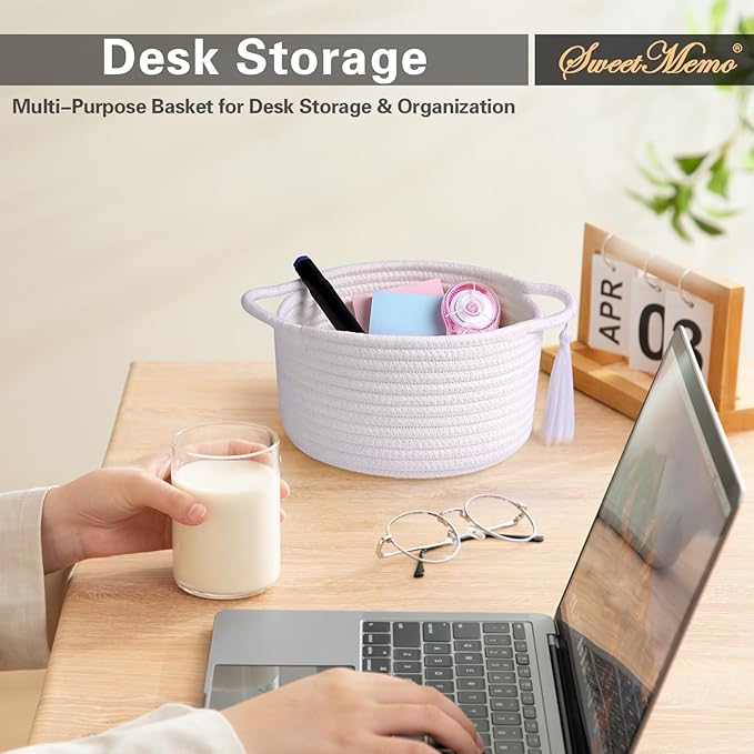 Empty Gift Basket Mini Woven Rope Organizer Baskets for Baby Shower, Vanity, Makeup, Bathroom, Tiny Toys, Desk - Small Decorative Storage Bins - Set of 2, Pre-Shaped, White