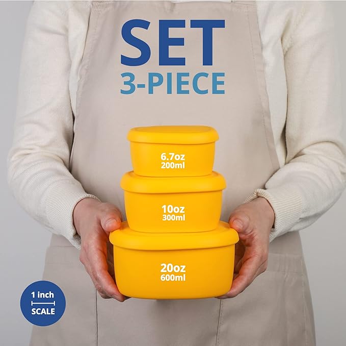 BLUE GINKGO Nesting Silicone Containers - Set of 3 Hard-Shell Silicone Food Storage Containers | BPA Free, Airtight, Dishwasher and Freezer Safe (6.7oz, 10oz, 20oz) - Yellow