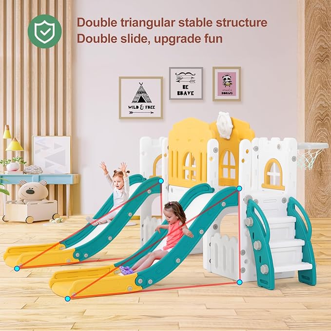 JOYLDIAS 9 in 1 Toddler Slide, Toddler Playground with Double Slides, Climber,Basketball Hoop,Tunnel, Telescope, Storage Space and Non-Slip Step, Indoor Outdoor Backyard Playset for Toddlers Age 1-3+