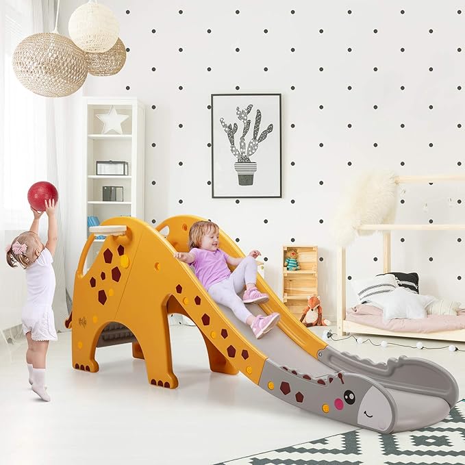 BABY JOY Toddler Slide, Kids Large Slide Play Climber Set with Long Slipping Slope, Basketball Hoop and Ball, Enclosed Steps, Easy Assemble Indoor Outdoor Backyard Freestanding Slides for Kids Age 1-8