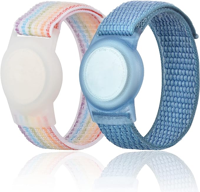 Kids Wristband Compatible with Apple AirTag, Protective Case for Air Tag GPS Tracker Holder with Nylon Bracelet, Adjustable Anti Lost Watch Band for Toddler Child Elder(Rainbow A & Blue)
