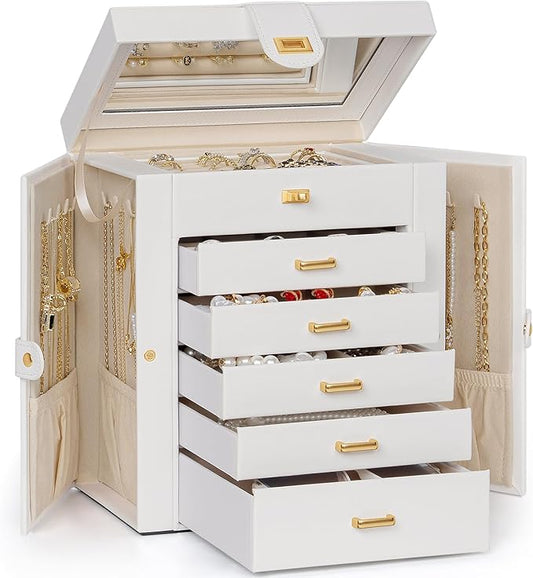 AKOZLIN 6-Tier Jewelry Box Organizer Functional 5 Drawers Leather Jewelry Storage Case for Women Girls Ring Necklace Earring Bracelet Holder Organizer with Mirror White