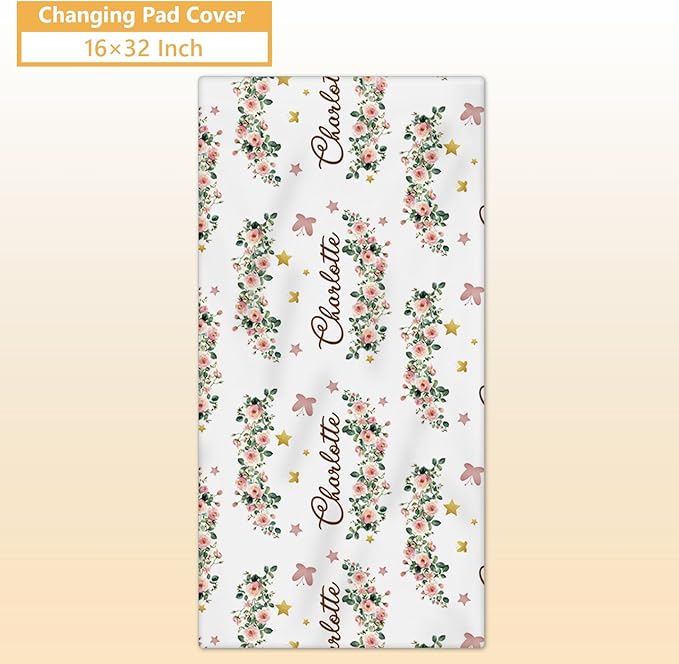 Custom Baby Crib Bedding Set, 5 Pcs Personalized Name Baby Crib Sets for Infant Toddler, Floral Leopard Nursery Bedding Set for Baby Girls, Double Layer Baby Bedding Sets Customized Gifts