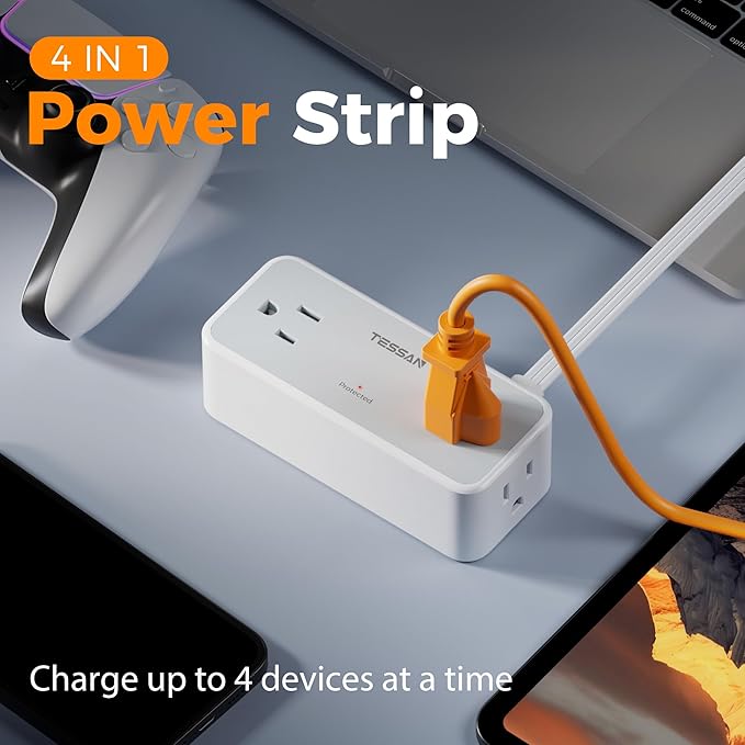 Surge Protector Power Strip, TESSAN Flat Plug Extension Cord 10 FT with 4 Wide Spaced AC Outlets, 900J Protection, Wall Mountable Charging Station for Home Office School Dorm Room Essentials