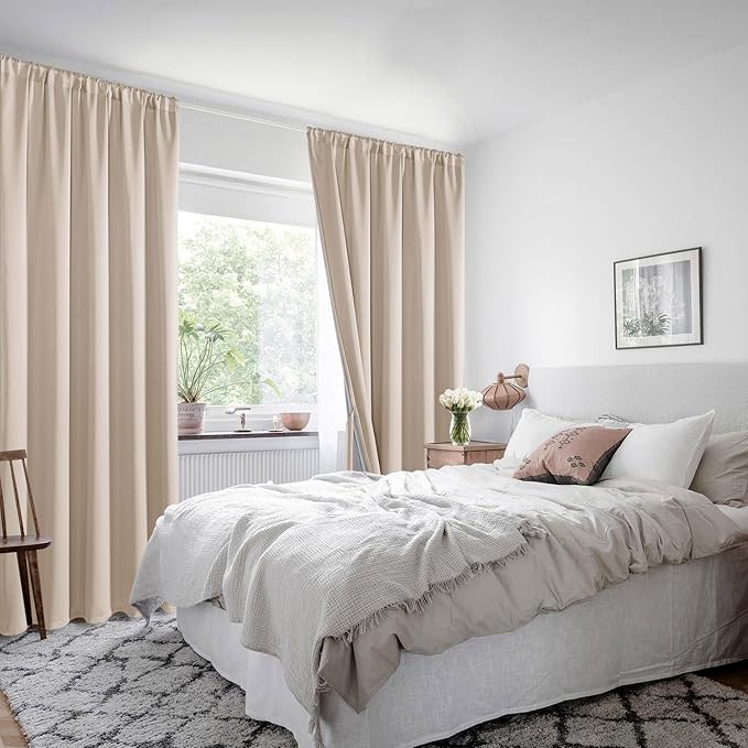 XWZO 100% Blackout Curtain Panels Rod Pocket Thermal Insulated Black Liner Curtains, Noise Reducing and Heat Blocking Drapes for Window Curtains with Tiebacks, Biscotti Beige, W42 x L54, Set of 2