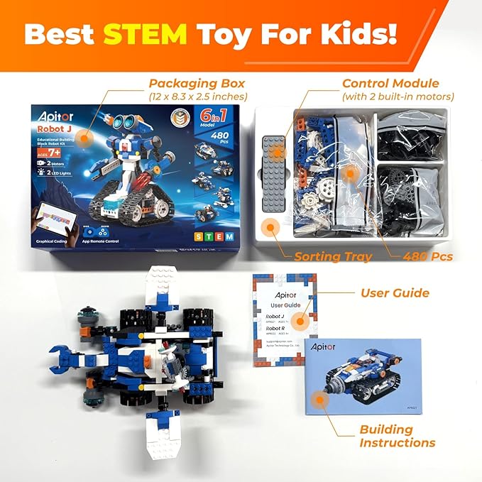 Robot J Creative Building Kit With Storage Box, 6-in-1 Programmable App Remote Control Tank STEM Learning Toy, Educational Coding Gifts for 7-12 Years Old Kids