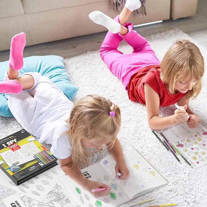 Arteza Kids Activity Book, I Spy Coloring Book, 8.5 x 11 Inches, School Supplies for Ages 6 and Up, 50 Sheets, 12 Double-Ended Colored Pencils, Black Marker, Eraser, Pencil Sharpener