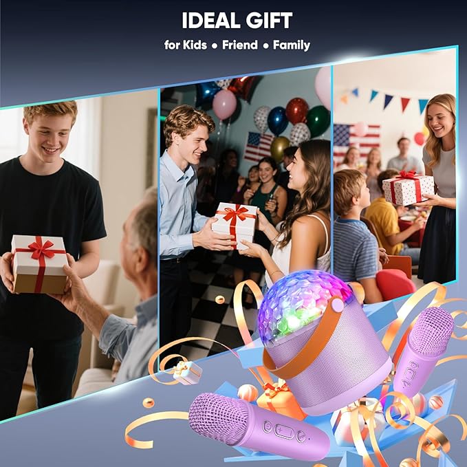 Karaoke Machine with Disco LED Lights for Adults Kids, Portable Bluetooth Speaker with 2 Wireless Microphone, Gifts Toys for 3-12+ Kids Birthday Family Home Party