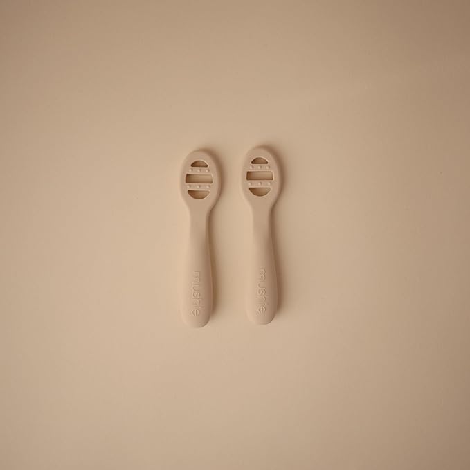 mushie Silicone First Feeding Baby Spoons | 2 Pack (Natural/Shifting Sand)
