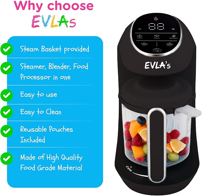 EVLA'S Baby Food Maker, Steamer, Blender, Baby Food Processor for Healthy Homemade Baby Food in Minutes, Touch Screen with 6 Reusable Food Pouches, Baby Registry Essential, Dark Grey