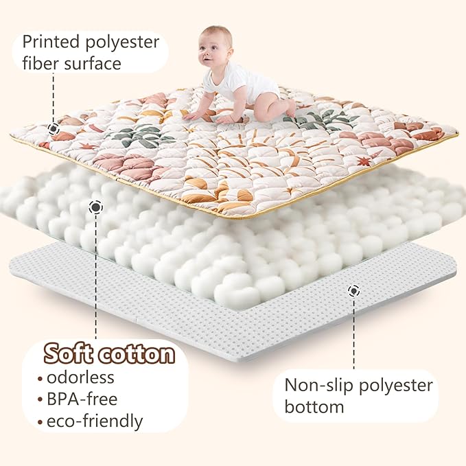 Baby Play Mat, 50x50 Playpen Mat with Super Soft Touch, Activity Mat with Upgraded Anti-Slip Bottom, Machine Washable Crawling Mat for Floor & Picnic(Boho Nature)