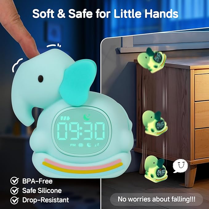 Alarm Clock for Kids with Night Light, Sleep Training Clock Time to Wake Clock, Rechargeable Silicone Light for Bedroom, Perfect Sleep Companion for Boys Girls, Green Elephant