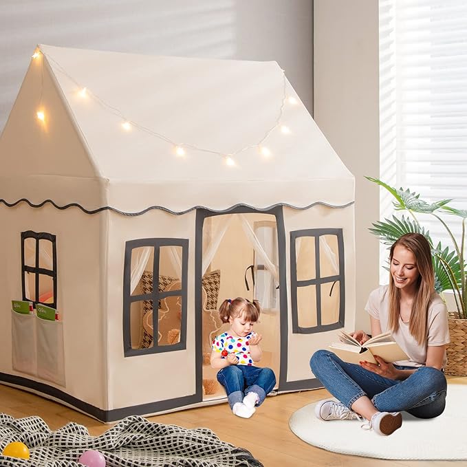 INFANS Kids Play Tent with Washable Mat Star Light Windows, Anti-Trip Large Playhouse Toys for Children Boys Girls, Indoor Outdoor Princess Tents Castle for Toddlers (Black)