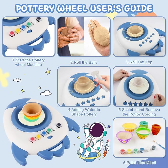 deAO Pottery Wheel for Kids Complete Painting Set for Beginners Mini Pottery Wheel Kit with Air Dry Clay Tools, Arts & Crafts Clay Wheel Toys Birthday Gifts for Girls Boys Age 3+ (Blue)