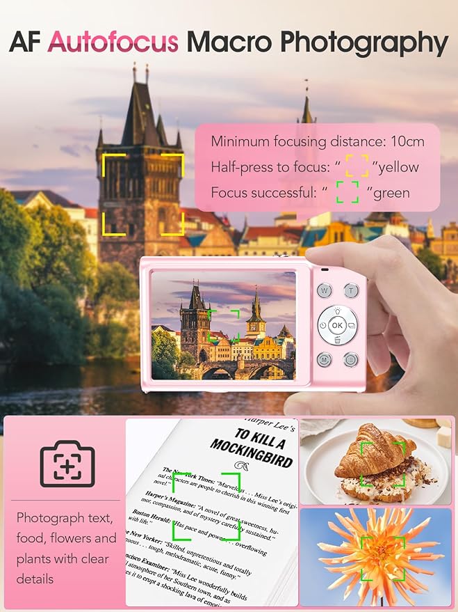 Digital Camera,Autofocus 4K Vlogging Camera for Photography with 32GB Card,48MP Portable Compact Point and Shoot Digital Camera for Teens Adult Beginner with 16X Zoom,Anti-Shake,2 Batteries(Pink)