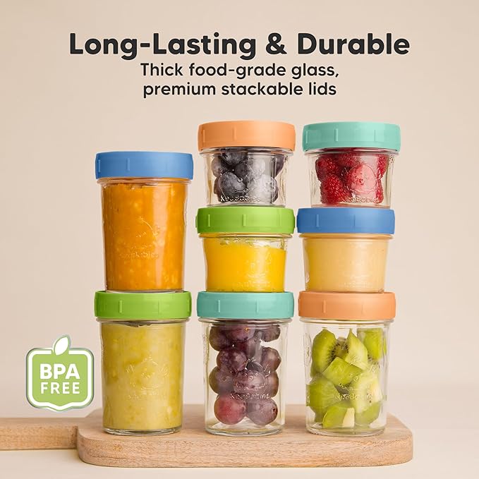 KeaBabies 4pk 8oz Glass Baby Food Containers with Lids - Leak-Proof, Microwavable Small Glass Jars, Baby Purees & Toddler Snack Storage Containers, BPA-Free, Dishwasher & Freezer Safe (Kea)